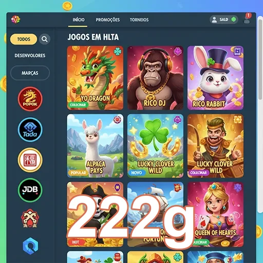 Interface do aplicativo 222g com jogos de cassino disponíveis.