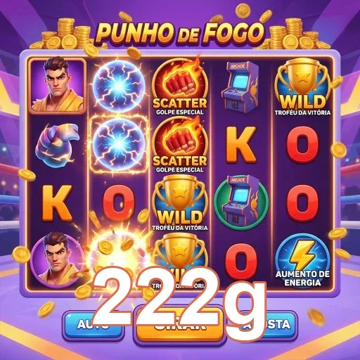 Tela do jogo 'Punho de Fogo' no aplicativo 222g, com símbolos vibrantes.
