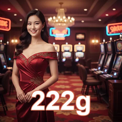 Imagem de uma anfitriã no cassino 222g com slot machines ao fundo.